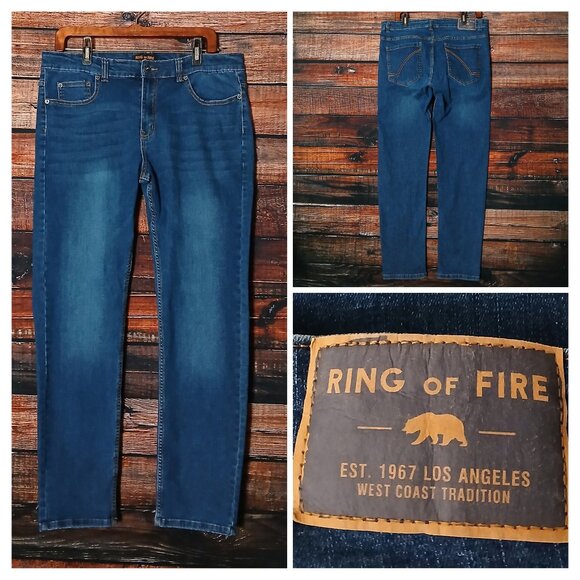 Ring of Fire Jeans Mens 34X30 Slim Straight Dark Blue Denim Stretch - Picture 1 of 9